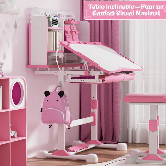 Lot De 2 Chaises Bureau Enfant Réglables + Grand Tableau – Ergonomique Rose – Hauteur Adaptable 3-18 Ans – Avec Tiroir & Étagère