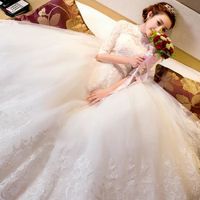 Robes de mariée mariée coréenne grande taille traînant blanc manches longues mince Qiji princesse col rond