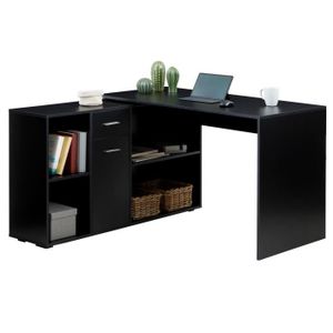 BUREAU  Bureau d'angle CARMEN table avec meuble de rangement intégré et modulable avec 4 étagères 1 porte et 1 tiroir, décor noir mat