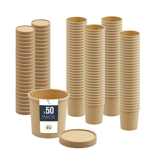 Contenants Jetables En Papier Kraft Avec Couvercle - 500 X 350 Ml - Résistants à La Chaleur (95°C) - Pour Plats à Emporter