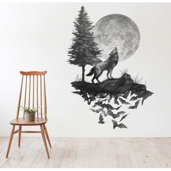 Stickers Muraux Loup Autocollant Mural Lune Arbres Noir Amovible Deco ...