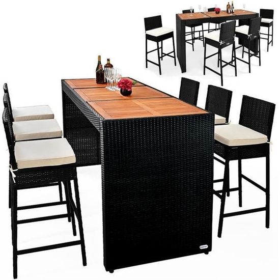 CASARIA Ensemble bar de jardin 7 pièces polyrotin noir set 1 table + 6 tabourets avec coussins bois d’acacia exterieur