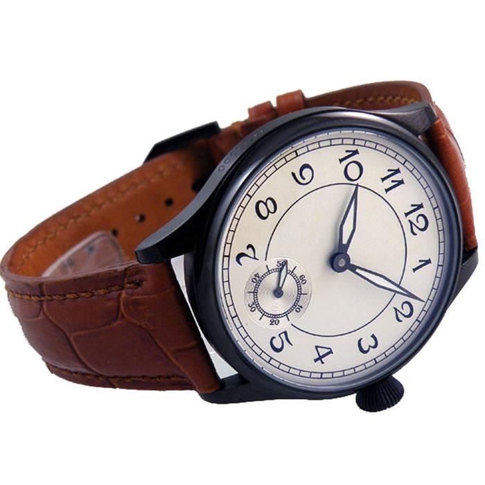 Montre Bracelet IM7JE Parnis Black Case Number White Dial Hand Wind Mechanical See-through Back Watch Brown Leather