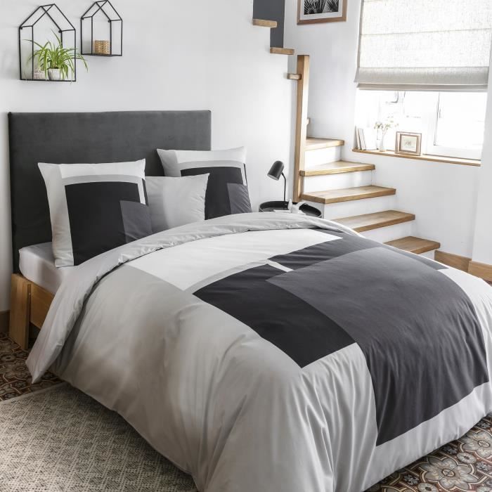 Housse de couette 200x200 avec 2 taies d'oreiller 100% Coton 57 fils Harry Perle - Parure de lit 3 pièces