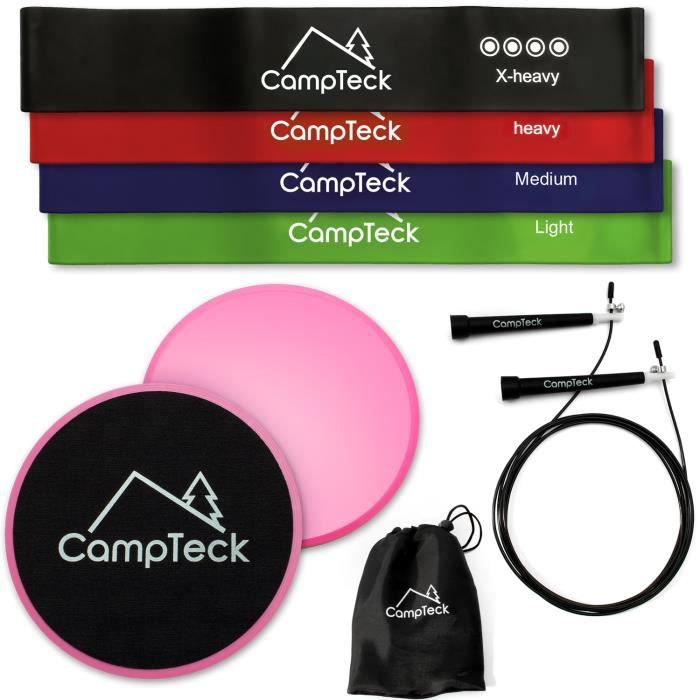 CampTeck U6761 'Kit de Fitness' 2x Rose Disque Glisseur Abdominaux Double Face, 3m Corde & 4x Bandes de Résistance