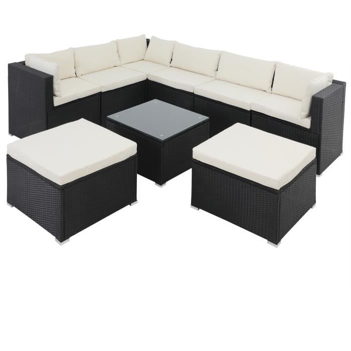 Salon de jardin noir polyrotin 26 pièces lounge ensemble de jardin set table canapé de jardin modulable coussins crème housses