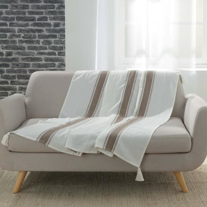 Plaid à pompons 125x150 cm coton Indira taupe 125 X 150 Beige