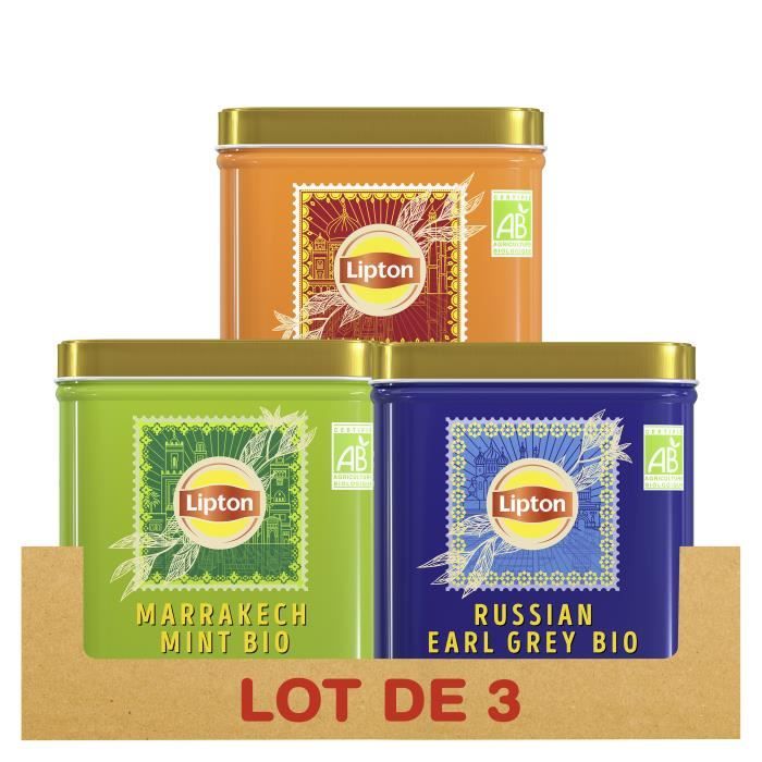 LIPTON - Lot de 3x150g - Thés en Vrac, Assortiment de 3 thés noirs et verts, 100% d'origine naturelle, Agriculture Biologique