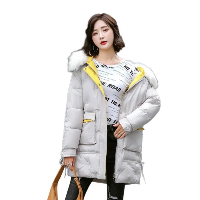 Longues Manteau, Femme Hiver Chaud Mince Manteau en Coton-Manteau à Capuche Fausse Fourrure Manteaux Rembourrée,Beige