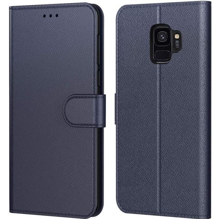 New&Teck Coque Samsung Galaxy S9, Pochette Etui Housse S8 Cuir à Clapet avec Fermeture Magnétique et Multifonctionnel Bleu