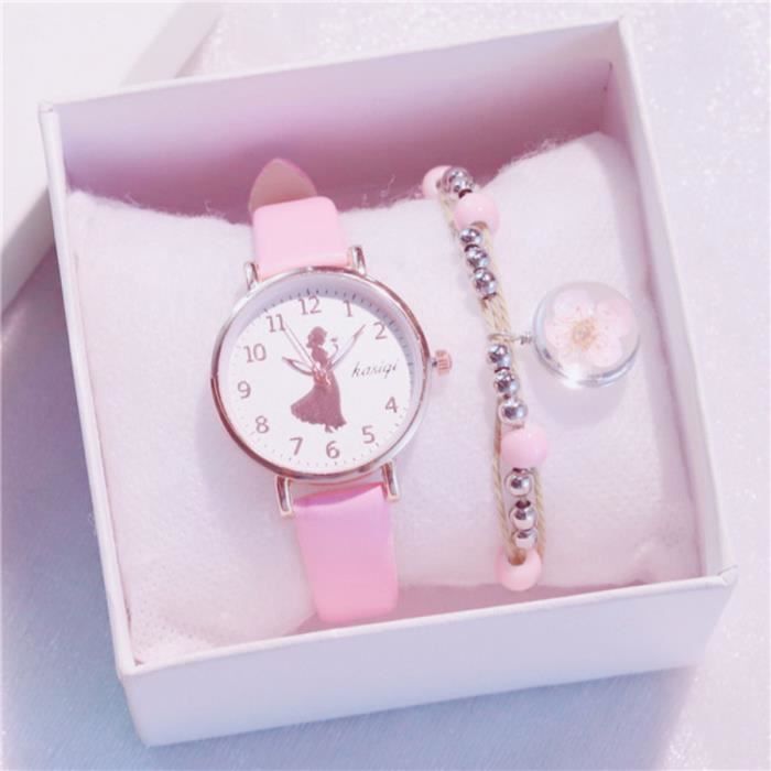 Coffret Cadeau Montre Fille et Bracelet Fille - Cadeau Pour Enfants Ado - Noël d'anniversaire quartz étanche cuir rose