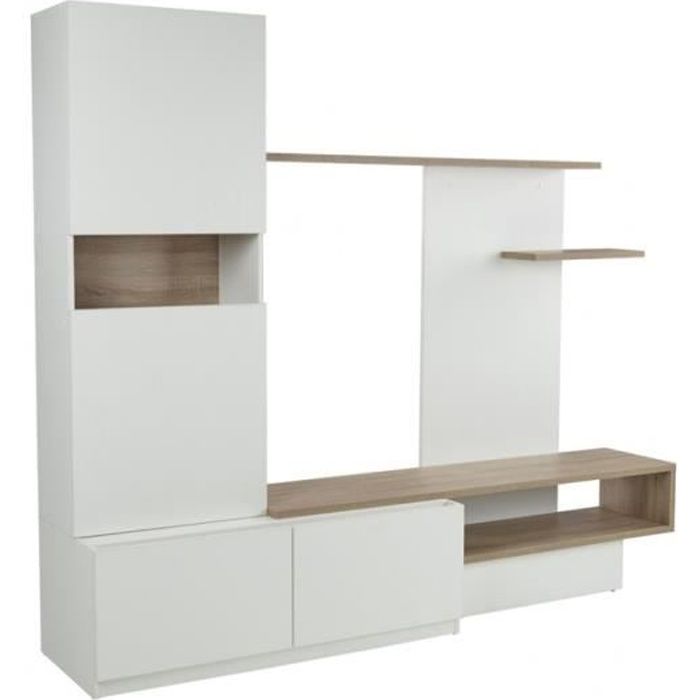Mur TV RODRIGO avec rangements - Bois & MDF - Blanc et chêne