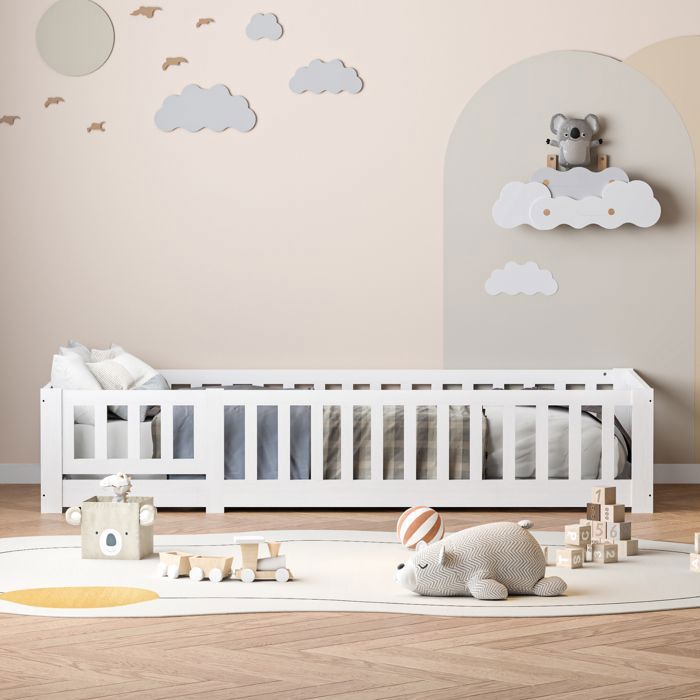 Lit superposé 90x200 cm lit enfant, lit cabane avec main courante, protection antichute et barrière, en pin, blanc