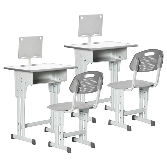 Bureau et chaise pour enfant HOMCOM - Lot de 2 - avec support de lecture casier crochet et porte stylo - hauteur réglable - gris