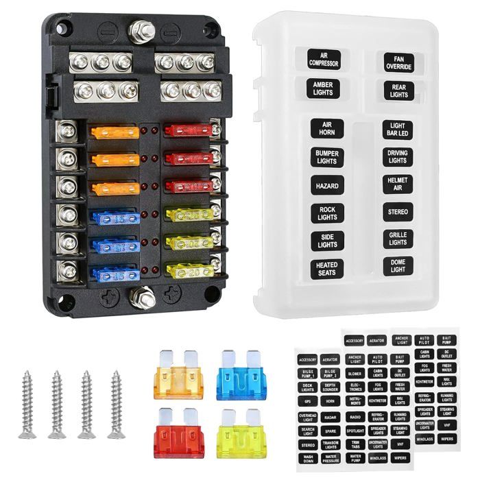 Porte Fusible 12 V Etanche: Boîte A Fusibles Etanche Avec 16 Fusibles, Voyants LED, Pour 12V/24V Voiture, Automobile, Marine, Bateau, Camion SUV, 12 Voies