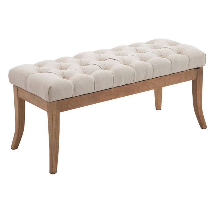 Banc design Chesterfield 100 cm avec coutures decoratives tissu creme pietement en bois clair 10_0003690 Banc design Chesterfield 100 cm avec coutures decoratives tissu creme pietement en bois clair 10_0003690
