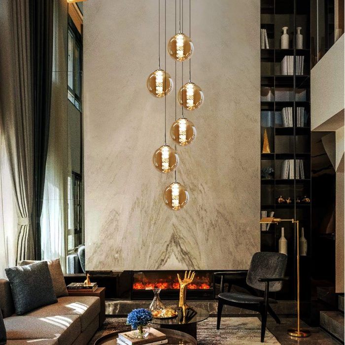 Lustre - NETTLIFE - Lustre 6 lampes - Réglable en hauteur - Verre ambre - Métal 41x41 cm