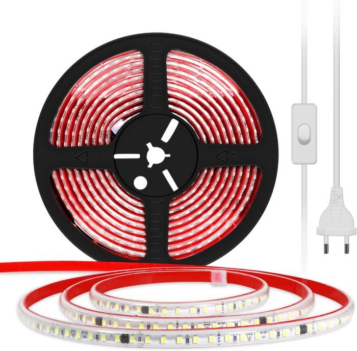 Pcning 2835 Adhesif Ruban LED IP67 Etanche 220V 230V 1M avec Interrupteur 100CM Bandeau Lumineux de LED Blanc Froid 6000K