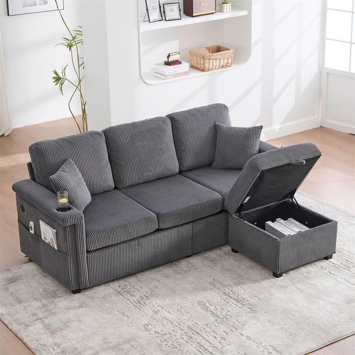DRIPEX Canapé 3 places LEDCanapé moderne avec 2 tiroirsrepose-pieds avec espace de rangementporte-gobelets et USB-CGris foncé