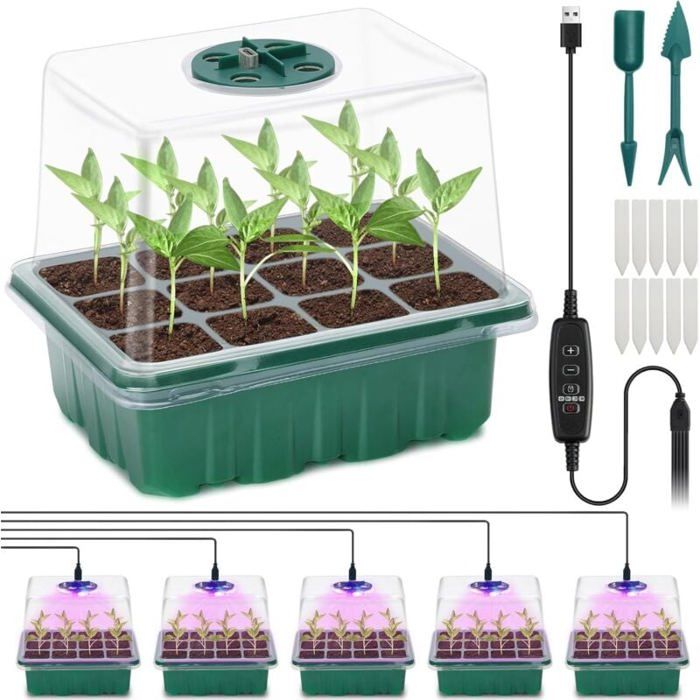 XPJBKC Mini Serre Intérieure 5 Pièces Avec LED Réglable – Plateau Semis Lumière Timer Germination Plantes