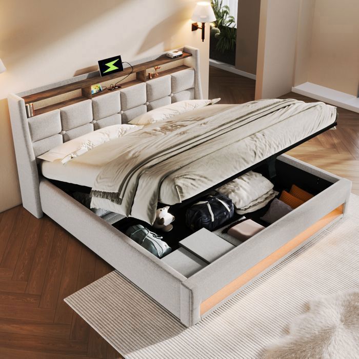 Lit Coffre 160x200 avec Ports USB Éclairage LED Structure Métal et Tissu Lin Beige Lit Double Moderne (Sans Matelas) Lit Coffre 160x200 avec Ports USB Éclairage LED Structure Métal et Tissu Lin Beige Lit Double Moderne (Sans Matelas)