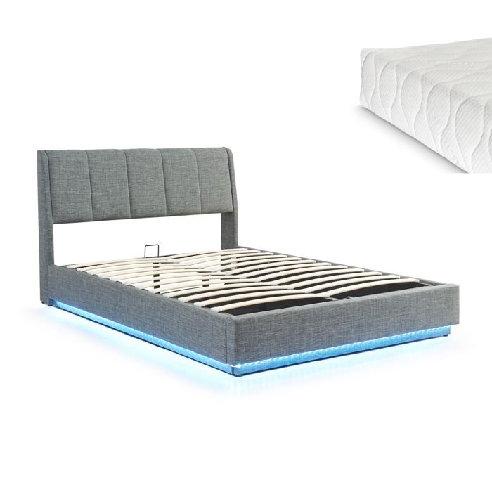 Lit double capitonné Tröstiar avec éclairage LED et matelas 160 x 200 cm anthracite Lit double capitonné Tröstiar avec éclairage LED et matelas 160 x 200 cm anthracite
