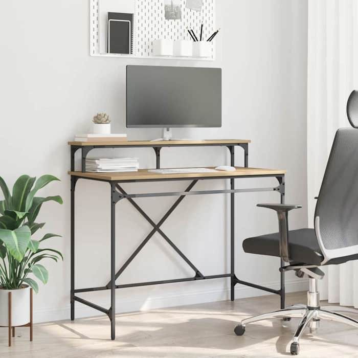 Bureau style industriel loft - Chêne artisanal - Bois dingénierie - 100 x 50 x 90 cm - pour bureau à domicile