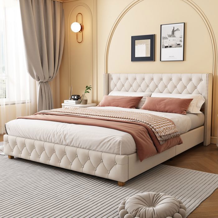 Lit Rembourré 160 x 200 cm Lit Double avec Sommier à Lattes Tête de Lit Rembourrée Cloutée Lin Beige