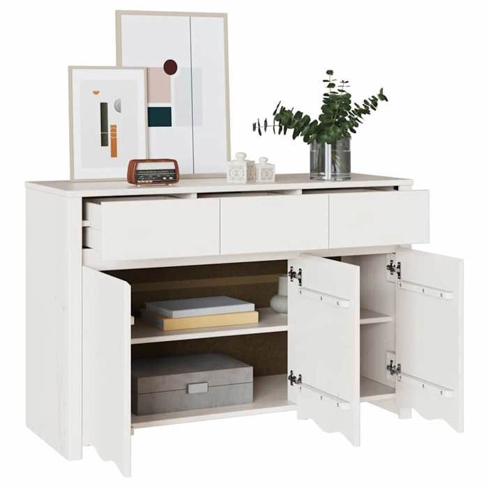 Buffet en bois de pin - vidaXL - Blanc - 114x43x75.5 cm - 3 portes - Assemblage requis - Drammen - Polyvalent