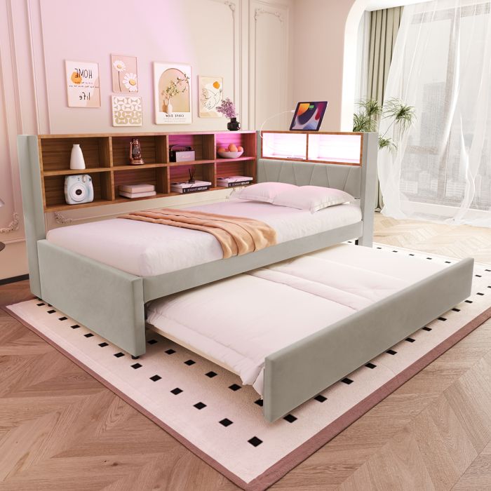Lit gigogne multifonctionnel 90x200 + 90x190 cm en flanelle gris clair avec LED et ports USB et Type-C
