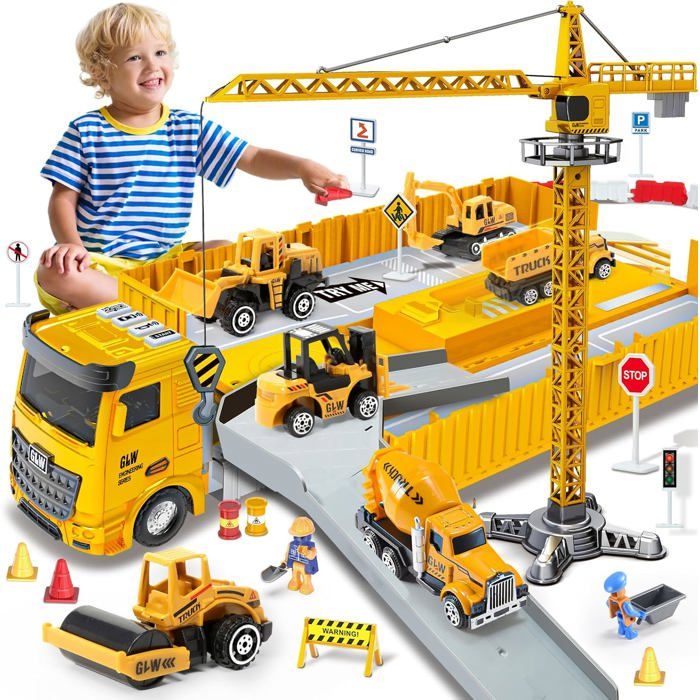 Ensemble de véhicules de chantier - Jouets de construction pour garçons 3-7 ans - Camion grue pelleteuse
