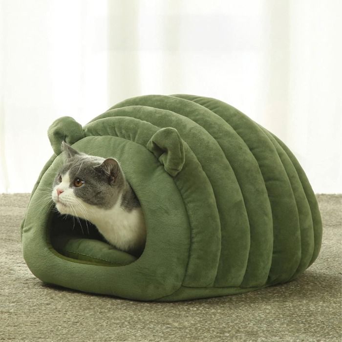 Niche d’Intérieur pour Chat – Maison Dôme Chaude avec Coussin Amovible Panier Abri d’Hiver vert -40*40*35 cm