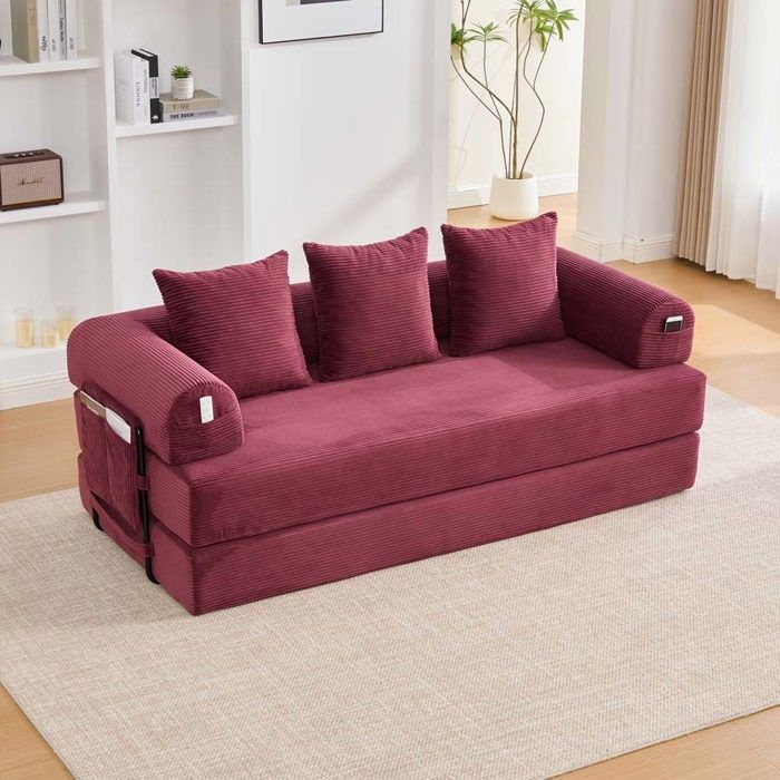 Canapé pliable compressible - Modulaire - 3 places - Velours côtelé rouge - Structure métal poches latérales