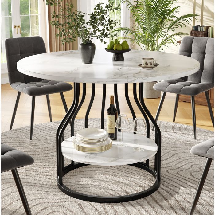 MEUBLIV Table à manger ronde pour 2 à 4 personnes avec plateau MDF effet marbre 80 x 80 x 76 cm noir