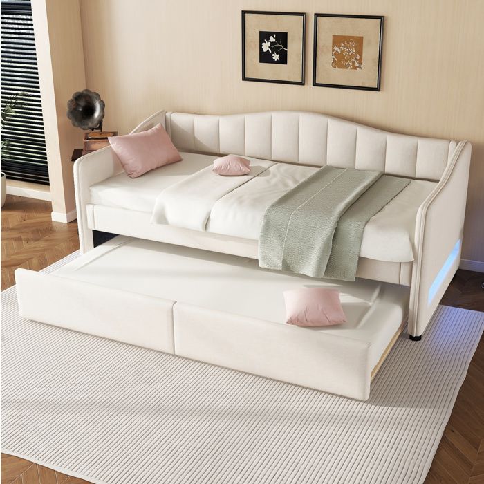 Lit banquette beige en lin avec lit gigogne et éclairage LED dambiance