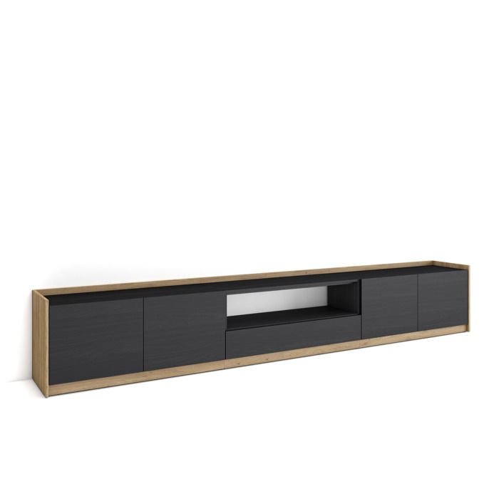 Meuble TV Banc Télé Grand espace de Rangement 310x37x50cm Pour les TV jusquà 80 Noir et chêne RF4314 Meuble TV Banc Télé Grand espace de Rangement 310x37x50cm Pour les TV jusquà 80 Noir et chêne RF4314