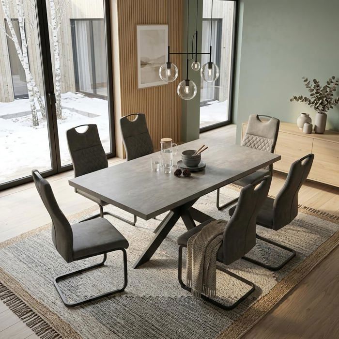 JIEXI Ensemble table de salle à manger extensible avec 6 chaises plateau en MDF avec pieds croisés en métal