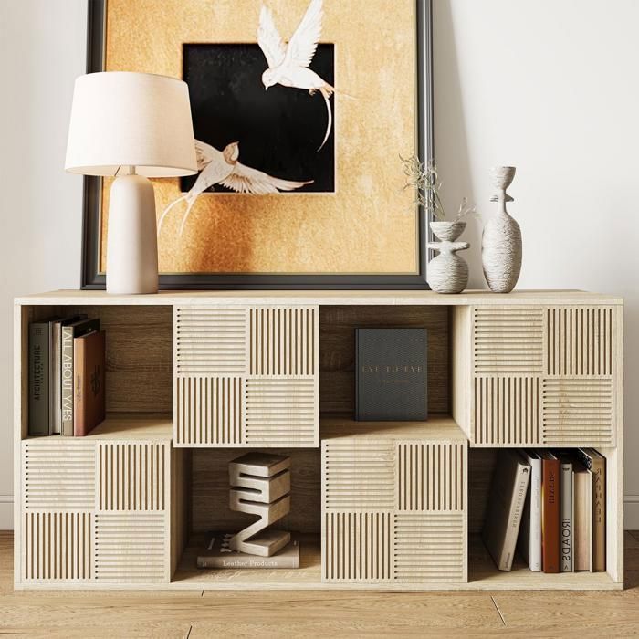 Bibliothèque de Rangement - 125x30x60cm - Meuble de Rangement à Grille Scandinave en Bois - Chêne Naturel