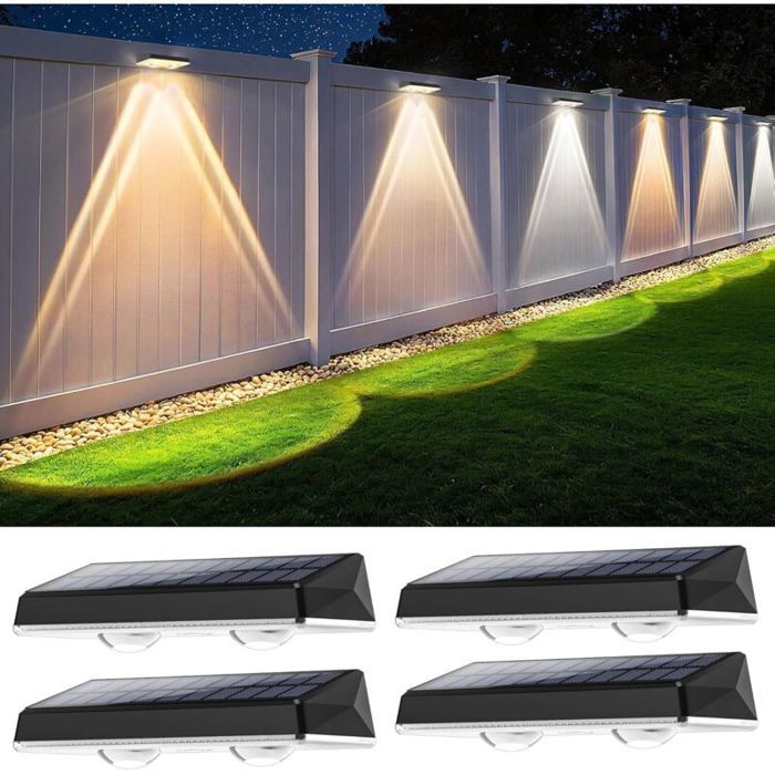 Applique murale solaire étanche IP67 – Lot de 4 lampes LED – 3 modes déclairage – 100 Lm pour jardin cour et clôture
