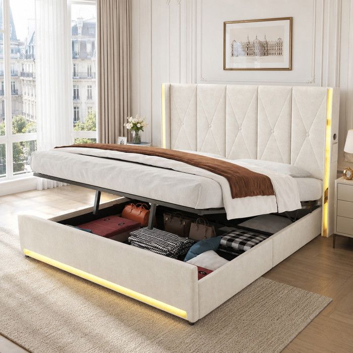 Lit en velours - avec tête de lit hautepoches latéralesUSB+LEDsystème de levier hydraulique - grand espace de rangement180×200cm