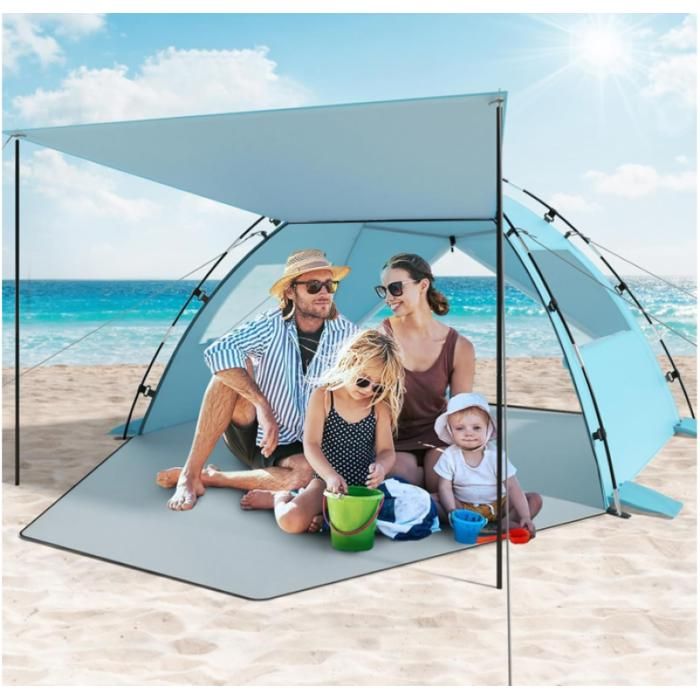 Tente de Plage Anti UV UPF 50+ Tente de Camping Famille avec Auvent pour 4-5 Personnes Ultralight Portable  220*150*125CM Bleu
