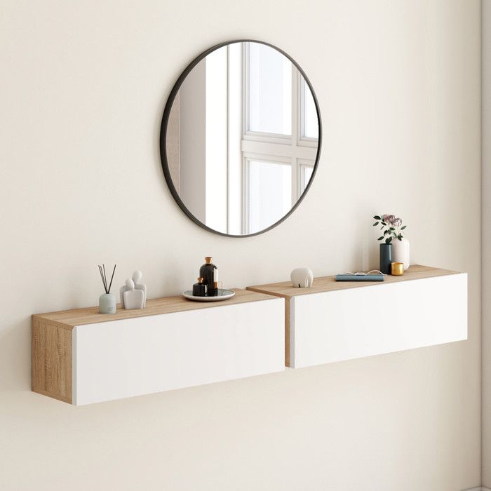 Lot de 2 consoles suspendues étagères murales ELYOS 1 porte bois et blanc Lot de 2 consoles suspendues étagères murales ELYOS 1 porte bois et blanc