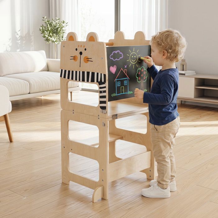 Booster enfant avec tableau noir chaise d’apprentissage 3-en-1 en bois pour cuisine et jeu