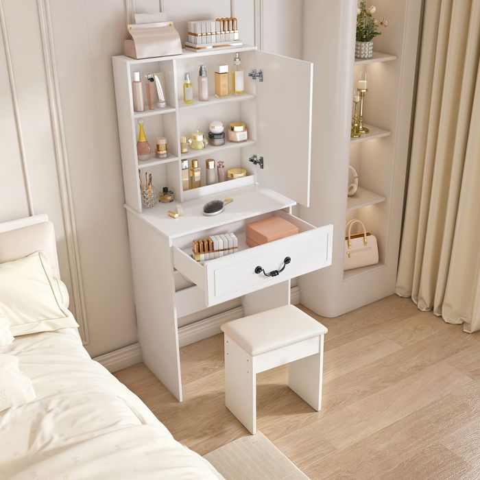 Coiffeuse compacte 60 x 36 x 1315 cm en MDF blanc avec miroir LED dimmable 3 modes rangements et tabouret