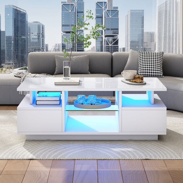 Table basse - SOGEU - 100x50x36 cm - 2 tiroirs - Étagères en verre - LED intégrées