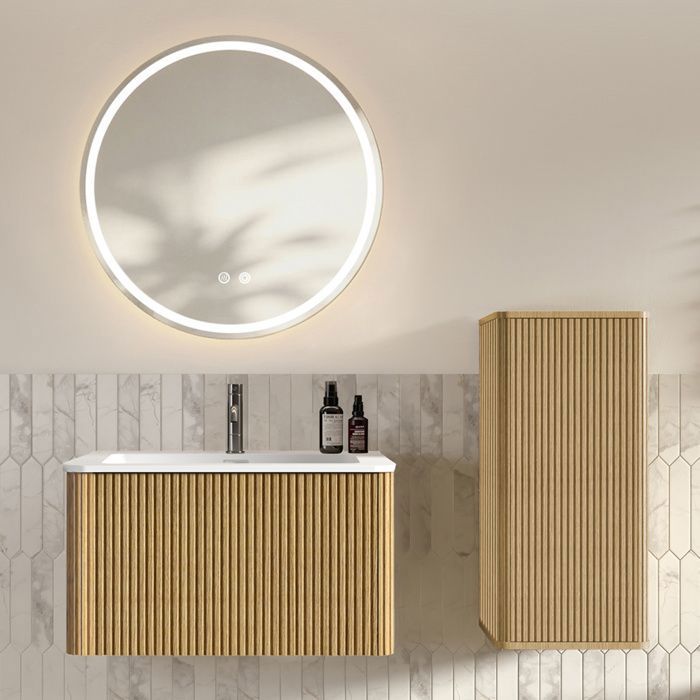 MEULVA Meuble salle de bain suspendu 80 cm avec vasque miroir LED rond colonne effet bois chêne