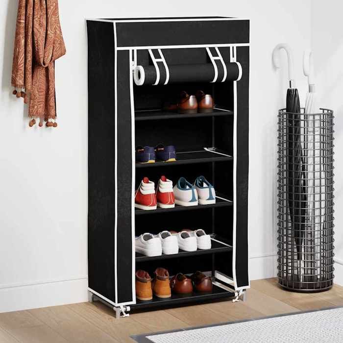 BEAU Étagère de rangement pour chaussures - Armoire à chaussures - avec housse - 58x28x106 cm - Tissu - Noir[1673