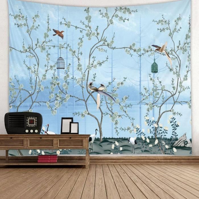 Tapisserie Murale Tapisserie Pendaison De Fleurs Bleues Et Oiseaux