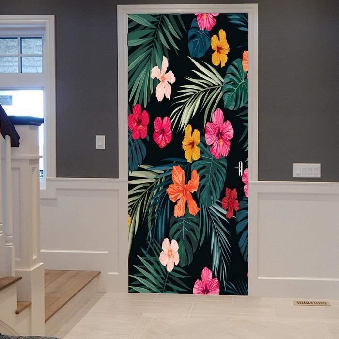 Autocollant Porte 3D Palmier Éventail - PVC Amovible 77x200 Cm, Déco Murale Bohème Moderne
