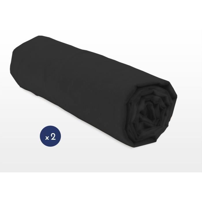 LOT DE 2 DRAPS HOUSSE NOIR 100% COTON 57 FILS 180 X 200 CM + BONNET DE 25 CM